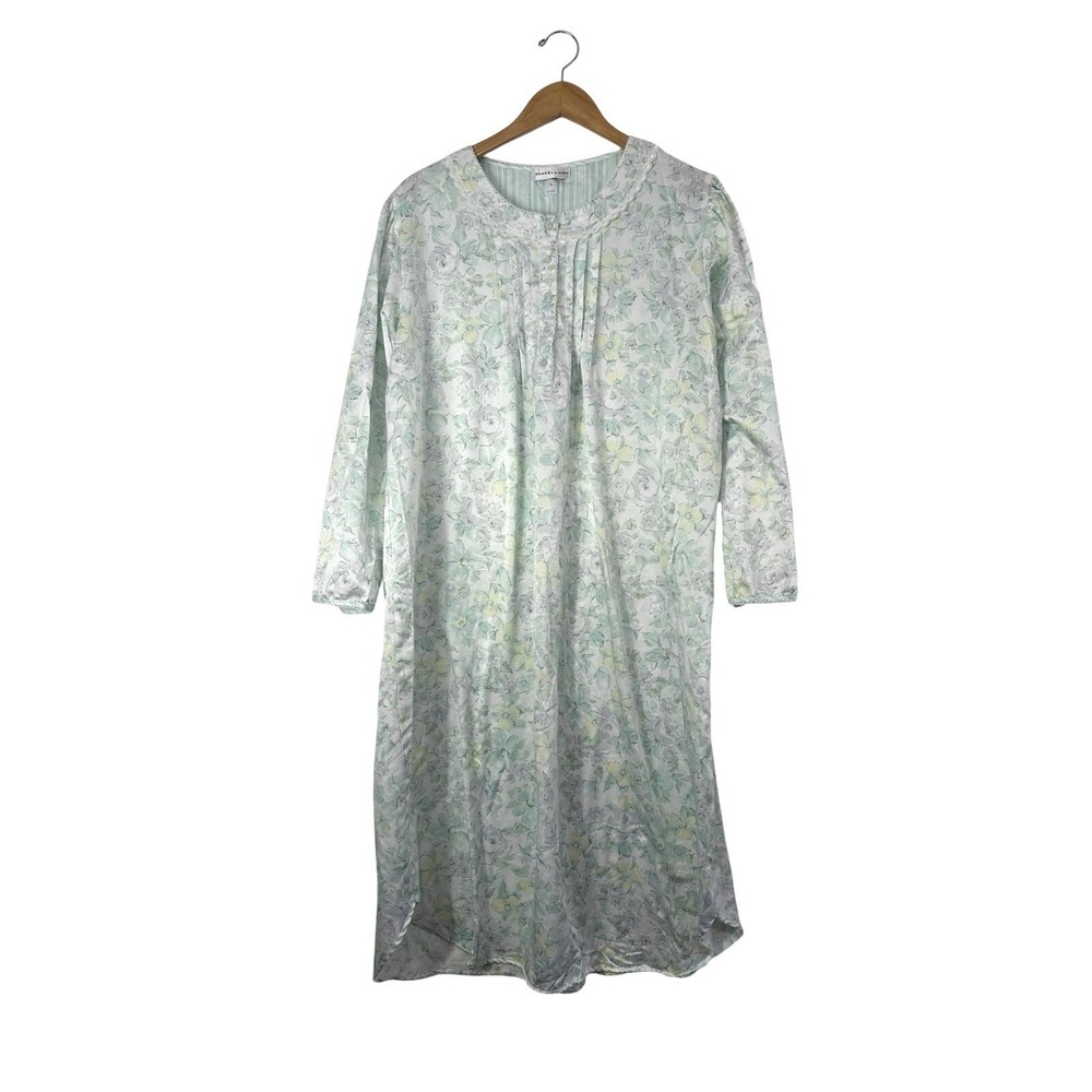 Miss Elaine Nightgown Green Purple Floral Women's XL Cottagecore Lace Pleated